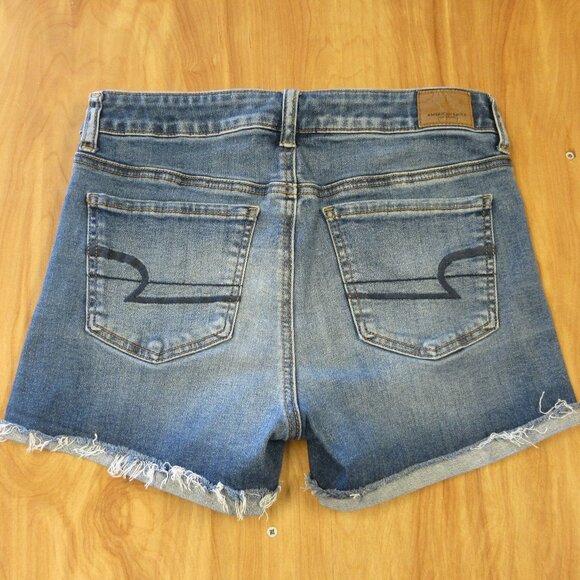 American Eagle Outfitters Pants - AMERICAN EAGLE Hi-Rise Shortie Womens Sz 8 Cuffed Raw Hem Blue Denim Jean Shorts